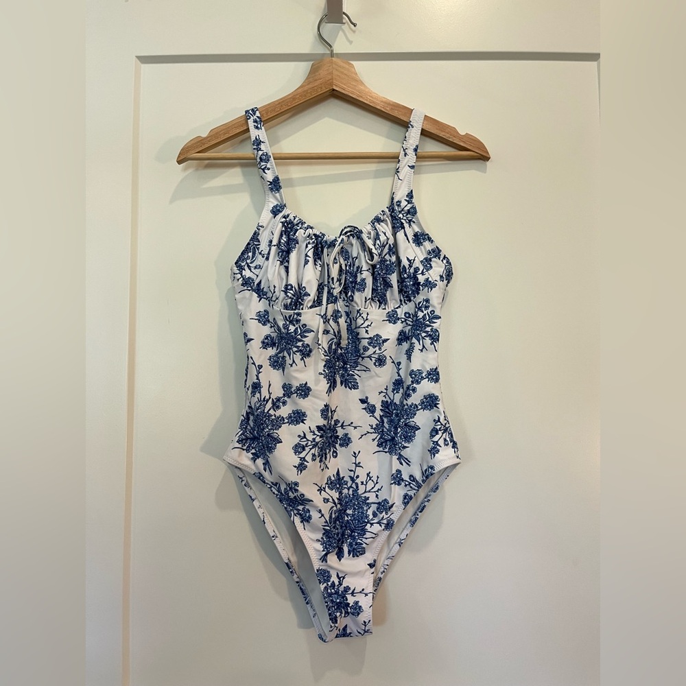 Floral Tie-Front One-Piece Swimsuit - Blue on White